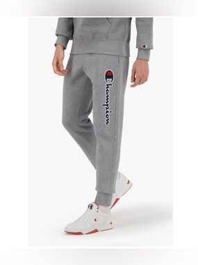 Champion Gray Joggers with Script Logo and Red Accent